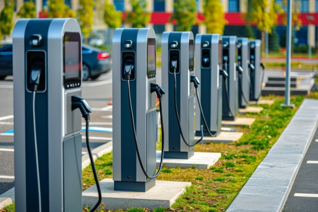 Modern fast chargers for charging electric vehicles at the parking. Generative AI